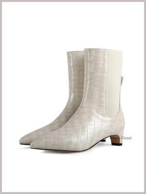 Women's Pointed Toe 4CM Block Heel Ankle Boots Crocodile-Embossed Faux Leather